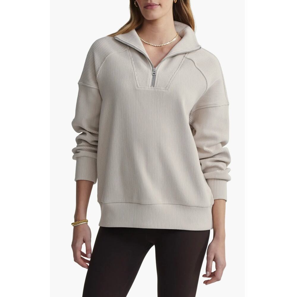 Varley Womens L Tan Rhea 2.0 Ottoman Rib Half Zip Casual Preppy Pullover Sweater